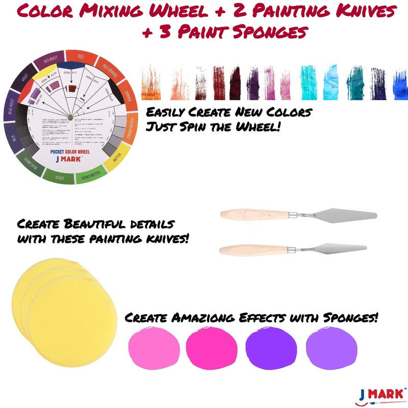 J MARK 48pc Deluxe Painting Kits for Adults - Includes Adjustable Wood Easel, Thick Canvases, Acrylic Paints, Brushes Set,Wooden and Plastic Palettes, 2 Painting Knives, 3 Sponges, Color Mixing Wheel - Image 5